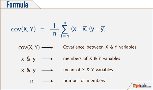 formula to estimate covariance {cov(X, Y)} between two variables X & Y