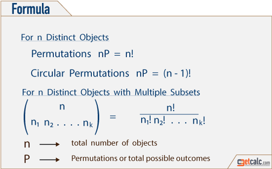 formula to find permutations (nPr) for n distinct objects with multiple subset